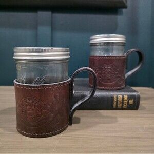 Harley-Davidson Leather Wrapped Wide Mouth Pint Mason Jar Mugs Set Of 2 Rare
